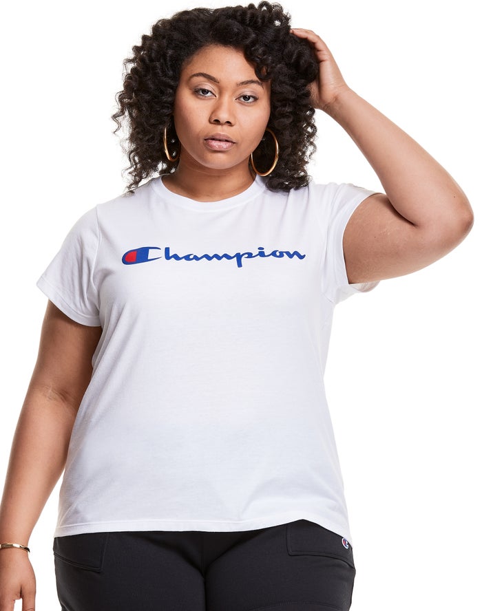 Champion Dame T-Shirts Hvide - Plus Classic Script Logo - Danmark OJA-156934